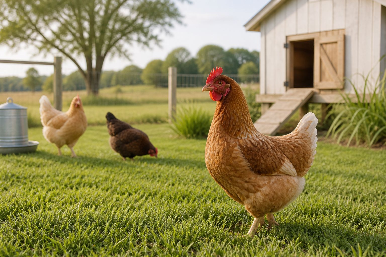 Chickens with room to roam in a clean farm yard at DNT Halal Meats