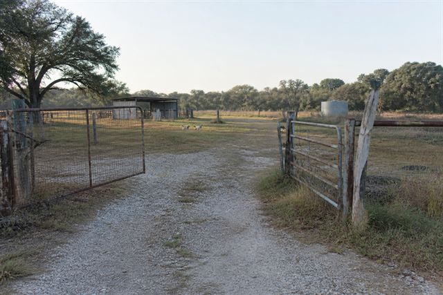 The farm entrance gate on Tischler Road in Pilot Point