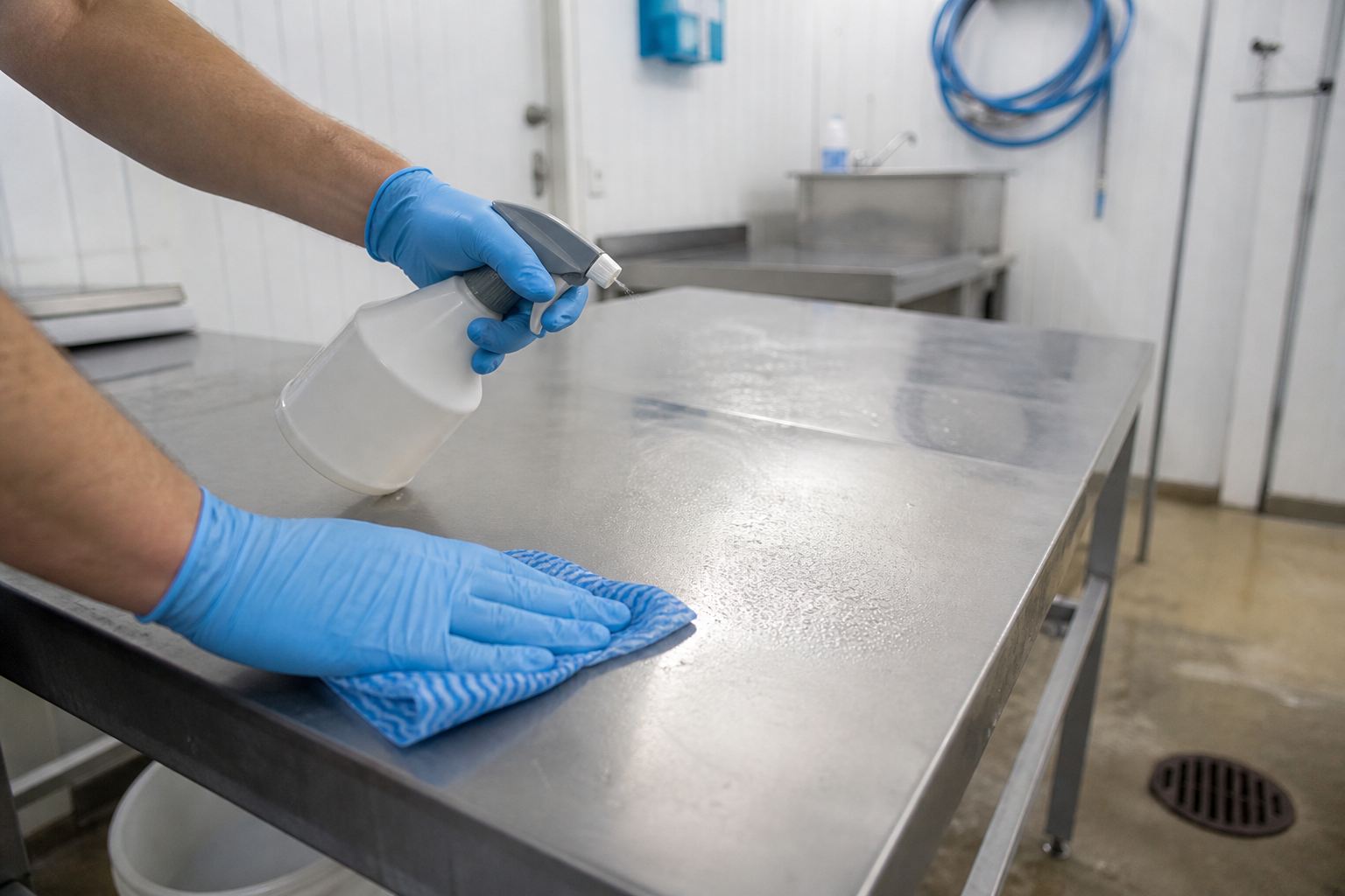Gloved hands sanitising a stainless steel work surface in a bright, orderly space